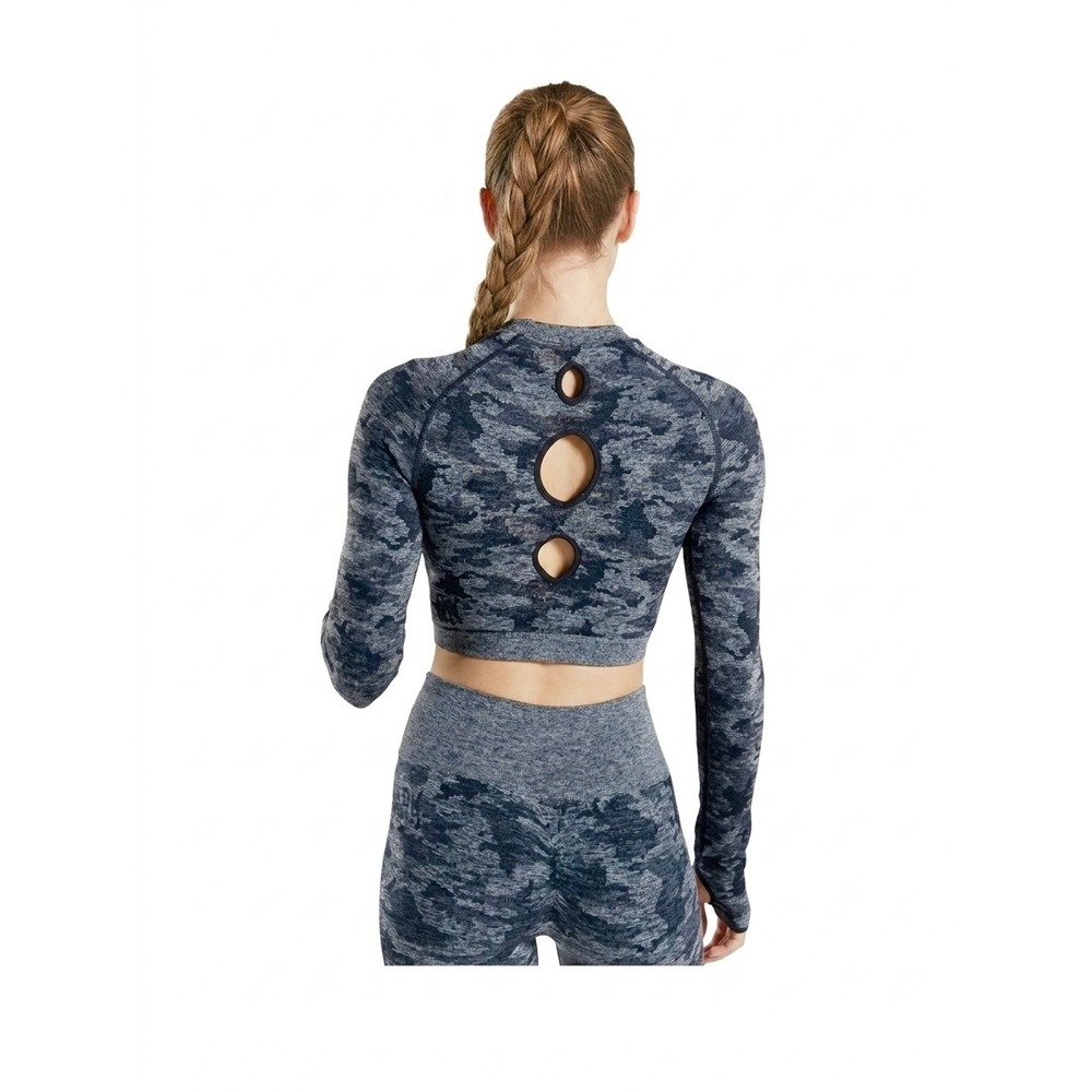 Blue Camo Seamless Long Sleeve Crop Top‎ Workout Gym Shirt Thumbholes Size L